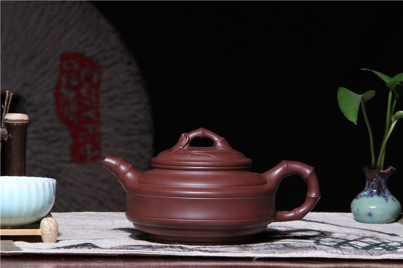 宜兴紫砂壶 | 双线竹鼓_泥料：紫泥_容量：330cc