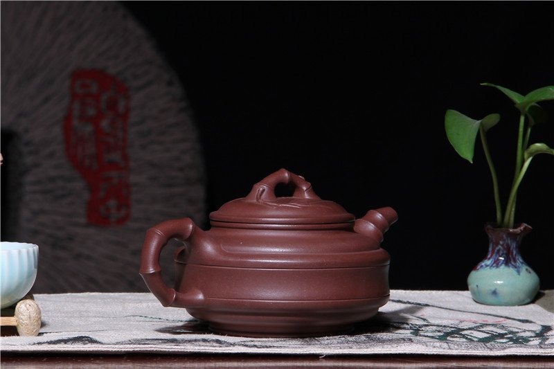 宜兴紫砂壶 | 双线竹鼓_泥料：紫泥_容量：330cc