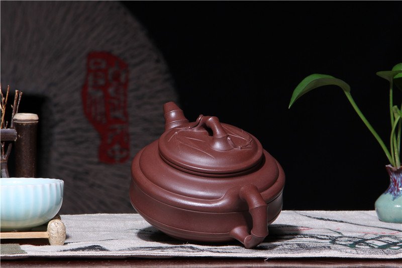 宜兴紫砂壶 | 双线竹鼓_泥料：紫泥_容量：330cc